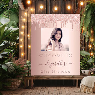 Poster Photo de fête d'anniversaire rose gold pailleté de