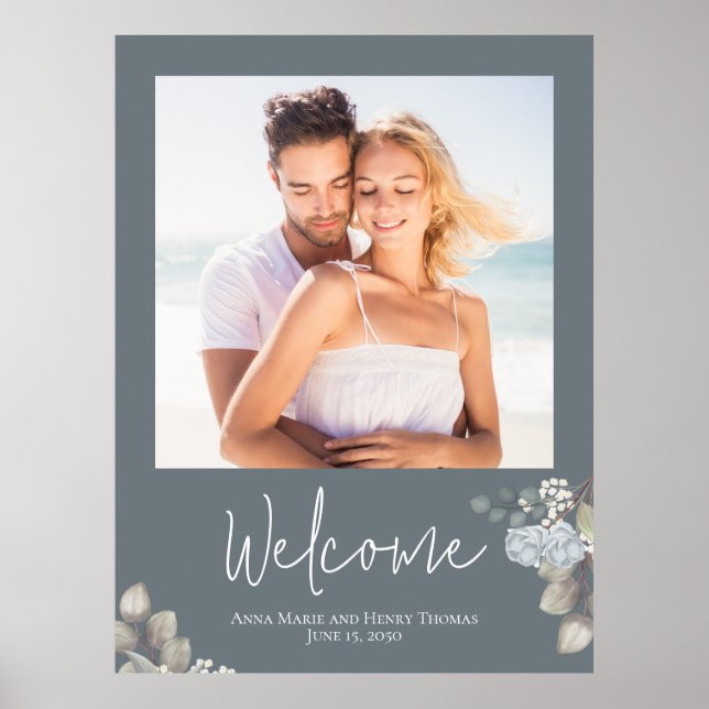 Poster Photo de mariage floral bleu aquarelle élégantes r (Devant)