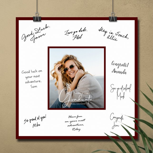Poster Photo de remise de diplômes Autographe Marron fonc (Graduation autograph poster with your photo and dark maroon border, INSTANT DOWNLOAD and/or PRINTED)