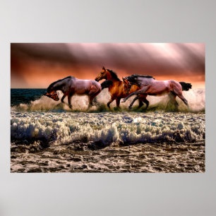 Poster Photo dramatique de chevaux qui courent sur une pl