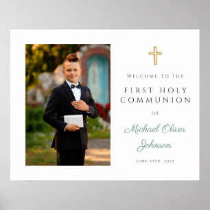Poster Photo du garçon Première communion Green Welcome