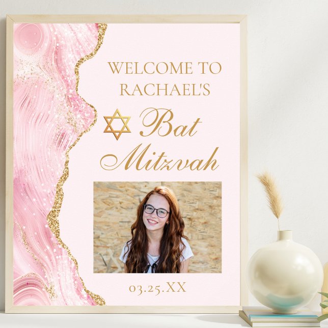 Poster Photo du parti Bat mitzvah de l'Agate rose chic (Créateur téléchargé)