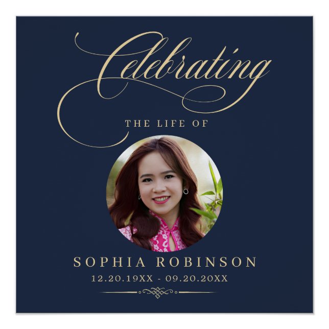 Poster Photo Elegant Blue Gold Script Funeral Memorial  (Devant)