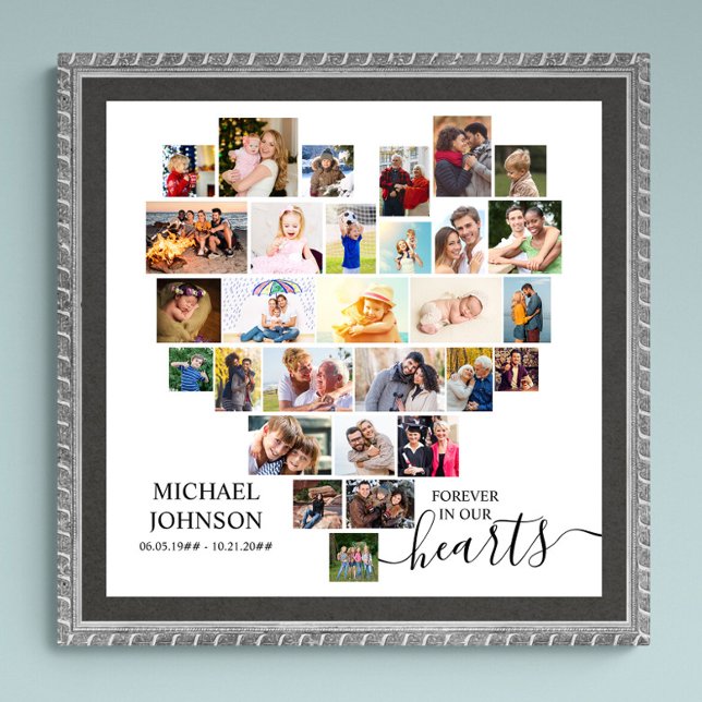 Poster Photo en forme de coeur Collage funéraire Carré co (Funeral memorial poster to order professionally printed or as a printable digital download)