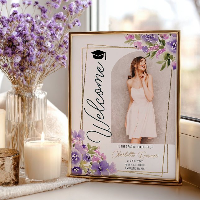 Poster Photo Floral Boho purple gold script graduation (Photo Floral Boho purple gold script graduation Poster)