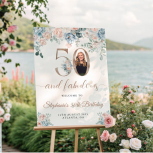 Poster Photo florale bleue et rose 50e anniversaire Bienv