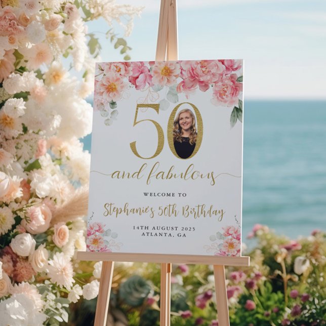 Poster Photo florale rose et or 50e anniversaire Bienvenu (Créateur téléchargé)