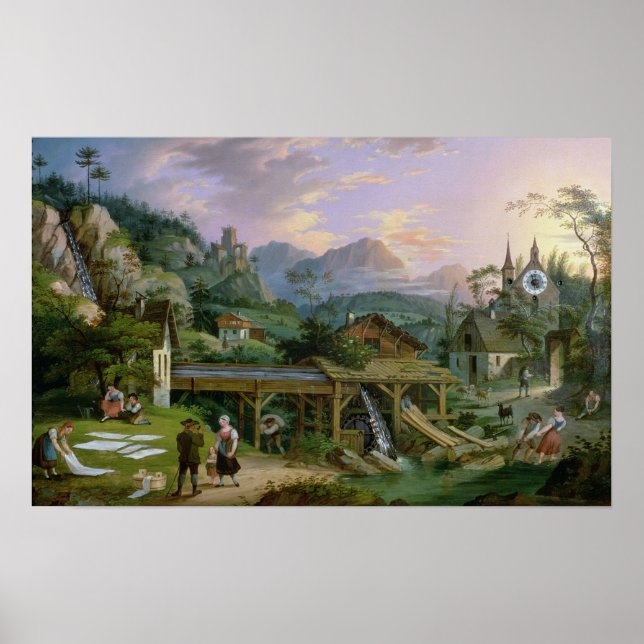 Poster Photo Horloge avec scène d'un village alpin (Devant)