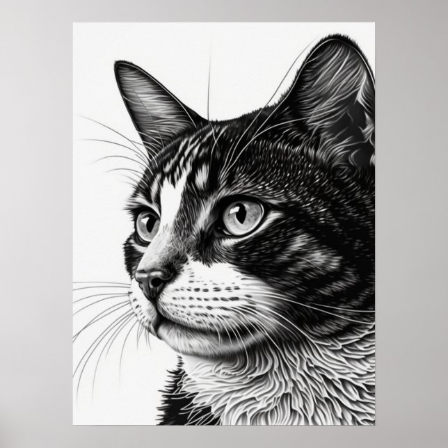 Poster Photo monochrome noir et blanc de chat pour animau (Devant)