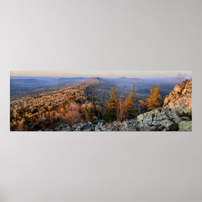 Poster photo of a mountainous autumn forest, mountains, p (Devant)
