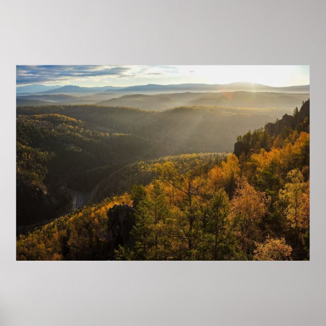 Poster photo of a mountainous autumn forest, mountains, p (Devant)