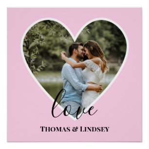 Poster Photo personnalisée Cadre Coeur Rose Calligraphie 
