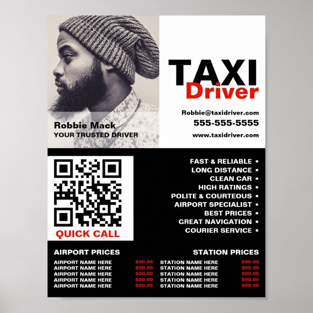 Poster Photo personnalisée, chauffeur de taxi - Tarifs (Devant)