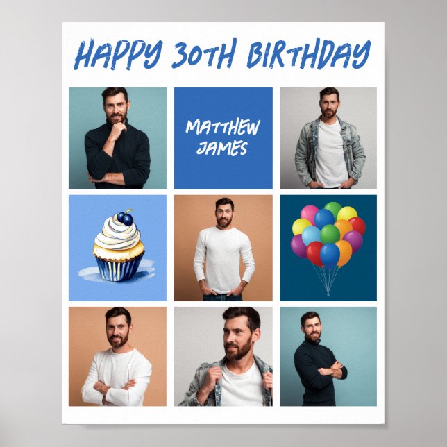 Poster Photo personnalisée Collage bleu fête d'anniversai (Devant)