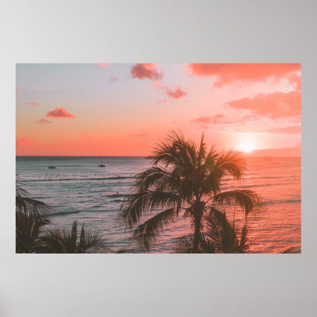 Poster photo Pink Sunset Ocean Beach Palm (Devant)