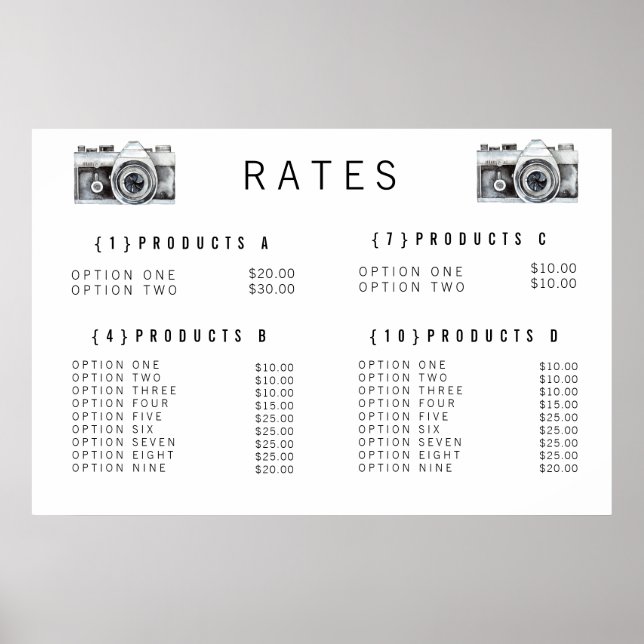Poster Photographe Caméra Aquarelle Tarifs Menu Impressio (Devant)