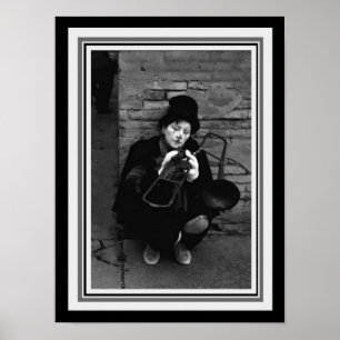 Poster Photographie-Clown vintage de B&W avec le trombone