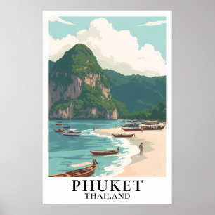 Poster Phuket Thaïlande Voyage Bateau Longtail Plage Vint
