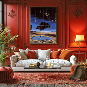 Poster Piano flottant surréaliste avec notes musicales