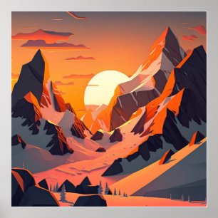 Poster Pic vibrant : Une montagne enneigée au coucher du 