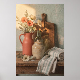 Poster Pichet en terre cuite avec coquelicots et lin