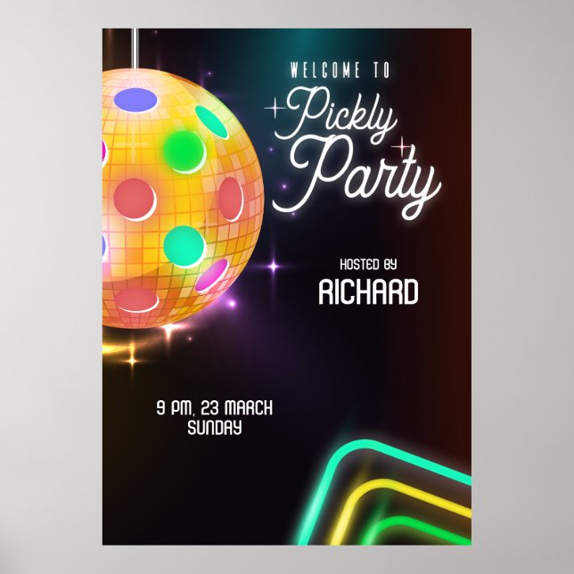 Poster Pickleball Sports Neon Thème Disco ball Party (Devant)