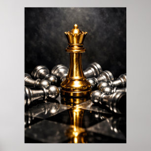 Poster Pièce de jeu d'échecs du roi doré – Stratégie, pui