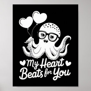 Poster Pieuvre avec des ballons cardiaques Mon cœur bat p
