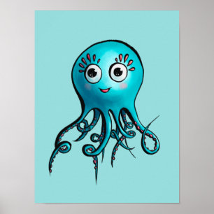 Poster Pieuvre Bleue Cute - Kawaii Cartoon Animaux de Mer