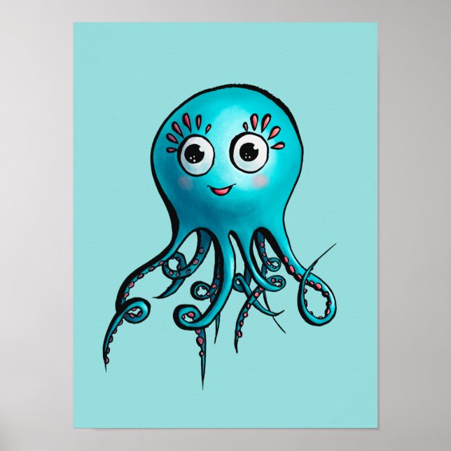 Poster Pieuvre Bleue Cute - Kawaii Cartoon Animaux de Mer (Devant)