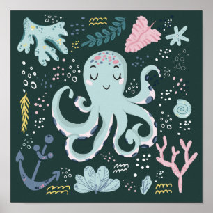 Poster Pieuvre dormante mignonne Doodé sous-marin