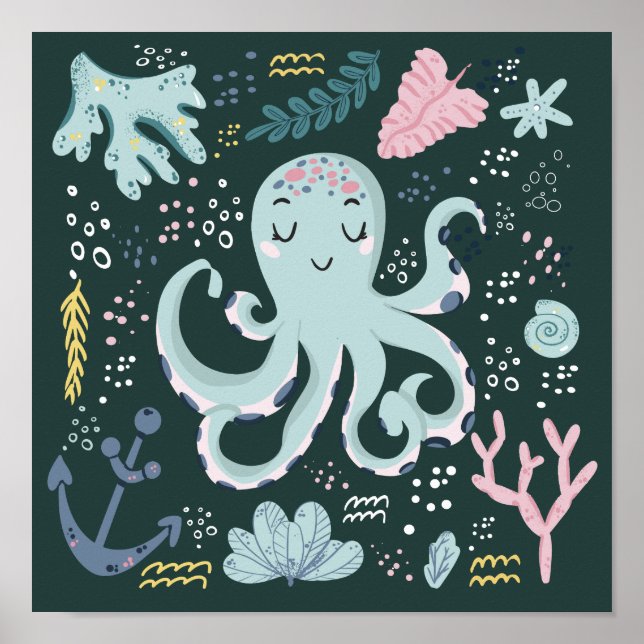 Poster Pieuvre dormante mignonne Doodé sous-marin (Devant)