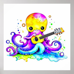 Poster Pieuvre en caricature mignonne jouant à la guitare