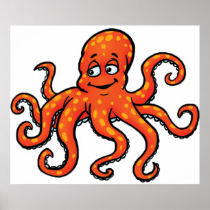Poster Pieuvre orange dessin animé océan créature marine