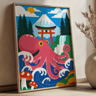 Poster Pieuvre rose avec Mont Fuji & Porte Torii Japonais