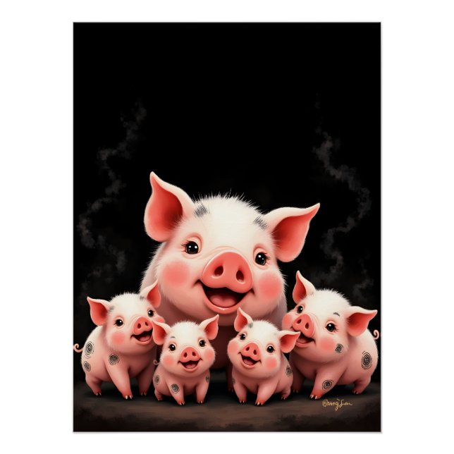 Poster Pig Artwork – Mother Pig & Piglets (Devant)