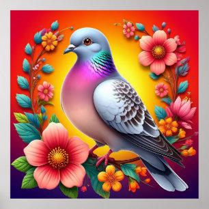 Poster Pigeon coloré entouré de fleurs vibrantes