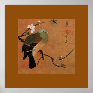 Poster Pigeon et pêche par Momohatozu imprimé d'art chino