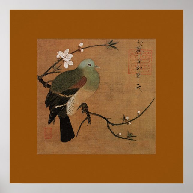 Poster Pigeon et pêche par Momohatozu imprimé d'art chino (Devant)