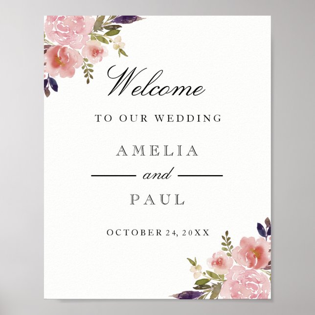 Poster Pignon rose Aquarelle pivoine Bienvenue Mariage Si (Devant)