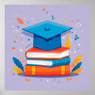 Poster Pile de livres avec chapeau de remise de diplôme