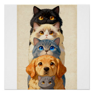 Poster Pile de Totem de Chien - Chats Fantaisistes et Ret