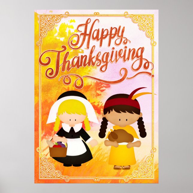 Poster Pilgrim Girl & Native Girl - Bon thanksgiving (Devant)