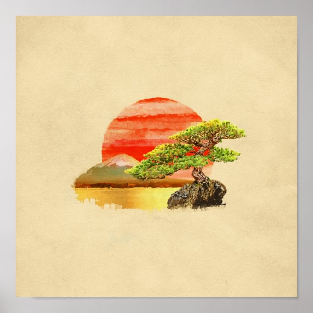 Poster Pin bonsai - Coucher de soleil Fuji en couleur (Devant)