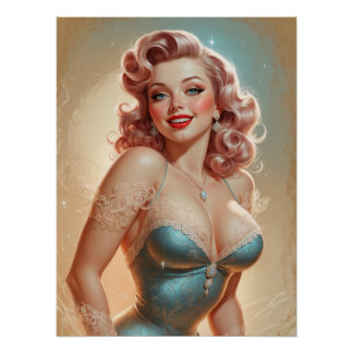 Poster Pin-Up Blonde Glamor Blue Lace Dress