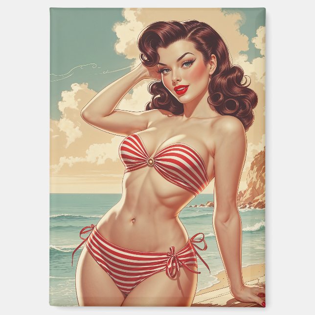 Poster Pin-Up Brown in Red and White Bikini Magnet (Front)