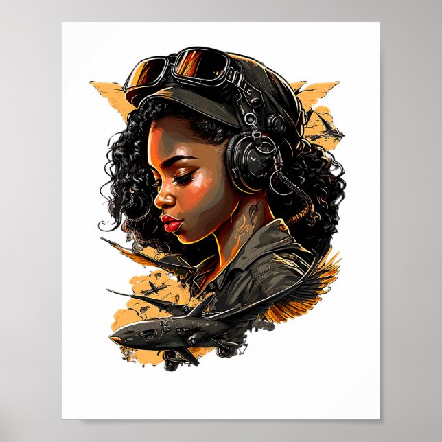 Poster Pin Up Girl Black Woman Bomber Pilot Aviation (Devant)