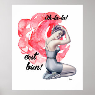 Poster Pin-up Girl with Floral Arrière - plan Art Print