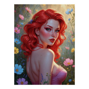 Poster Pin-Up Rousse in a Flower Field