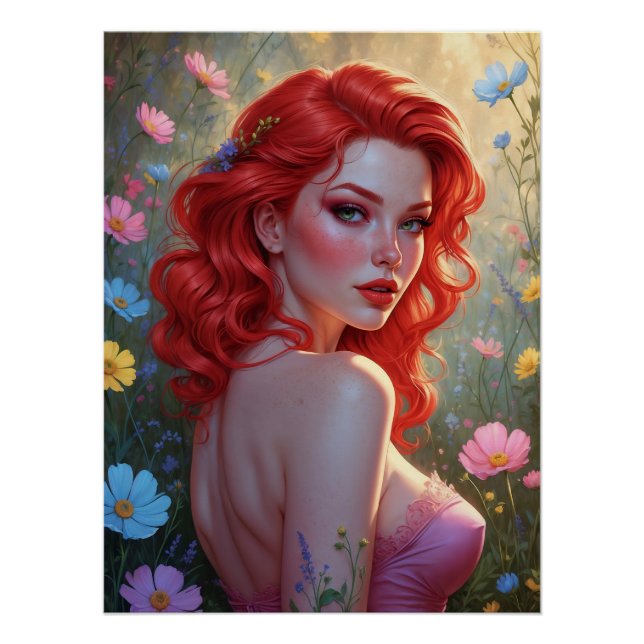 Poster Pin-Up Rousse in a Flower Field (Front)